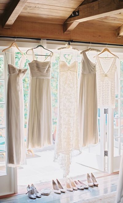 bridesmaids and bride dress hanging